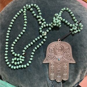 Silver Hamsa Pendant on long beaded necklace Necklace boho vibe statement unique